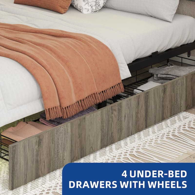 Moasis Rustic Grey Storage Platform Bed Frame with Storage Headboard with Power Outlets and 4 Drawers
