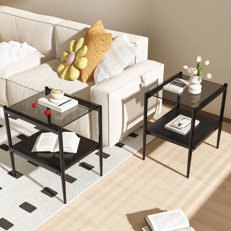Set of, 2 Rectangle End Table, Tempered Glass Tabletop with MDF layer, Modern Table for Living Room