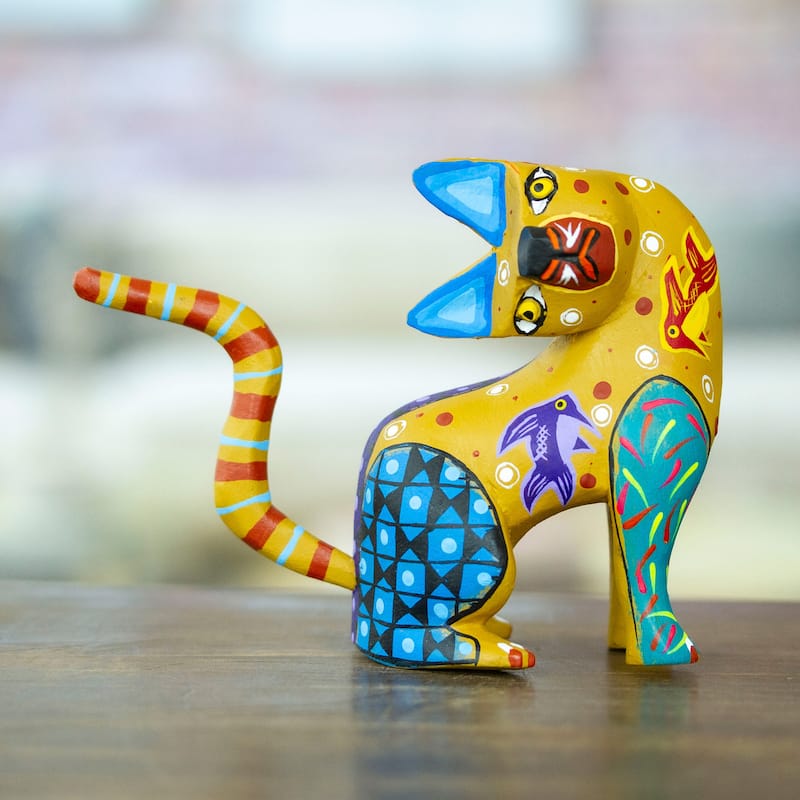 Novica Handmade Amber Feline Questions Wood Alebrije Figurine