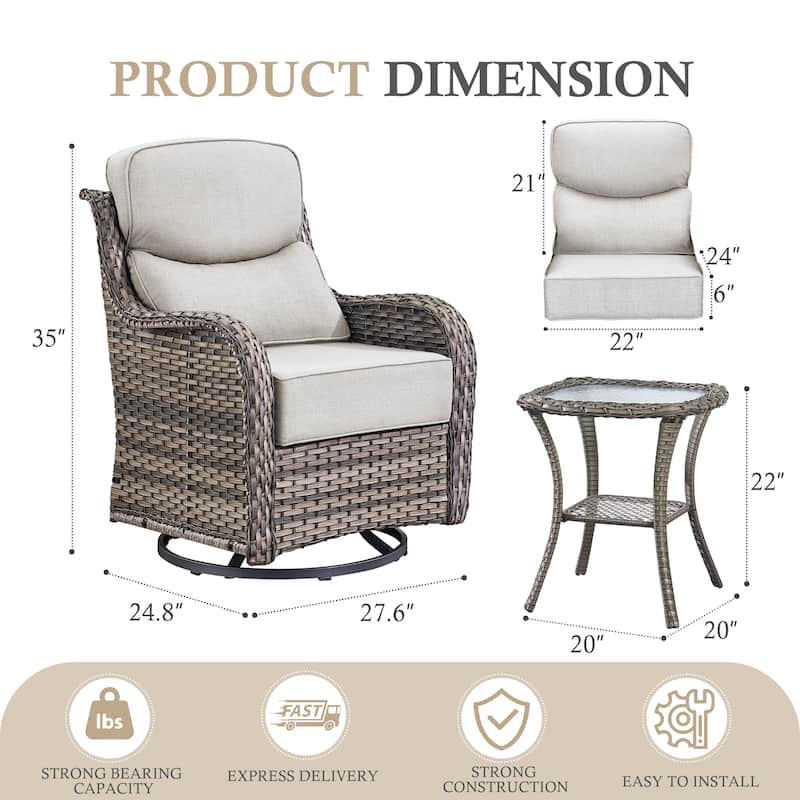 Arcadia 3-Piece Wicker Patio Swivel Glider Chairs with 6-Inch Thick Cushions and Side Table