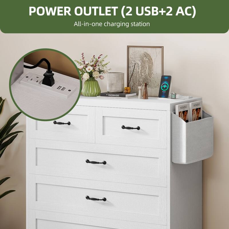 Vintage Double Dresser Chest of Drawers with Charging Station and Side Organizer Bag