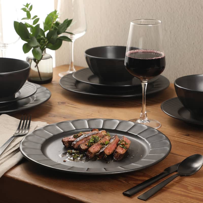 Gibson Elite Winchester Way 12-Piece Embossed Stoneware Dinnerware Set - Reactive, Durable Lightweight- Plates & Bowls Set