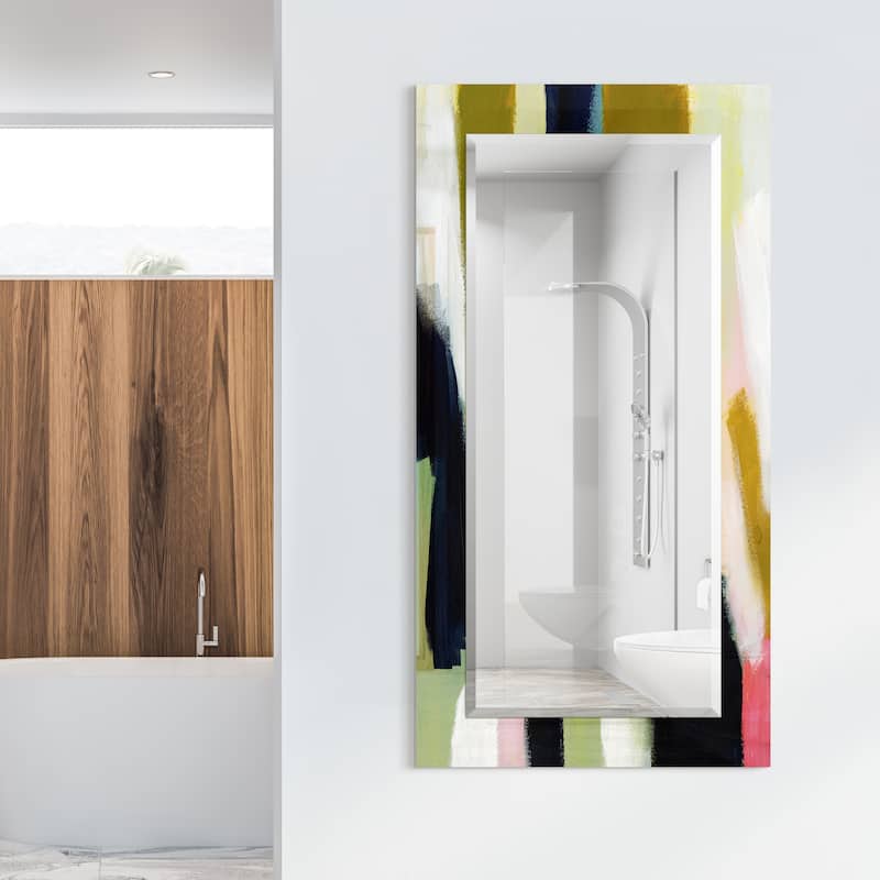 Sunder Rectangular Beveled Mirror on Free Floating Printed Tempered Art Glass - Clear - 54" x 28"