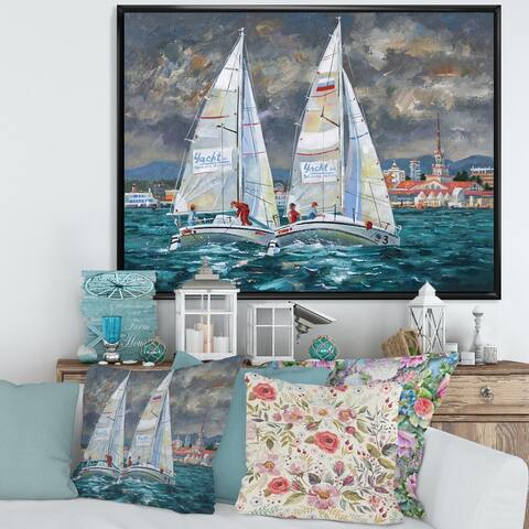 Designart "Regatta Sailboats Arriving At The Finish II" Nautical & Coastal Framed Canvas Wall Art Print