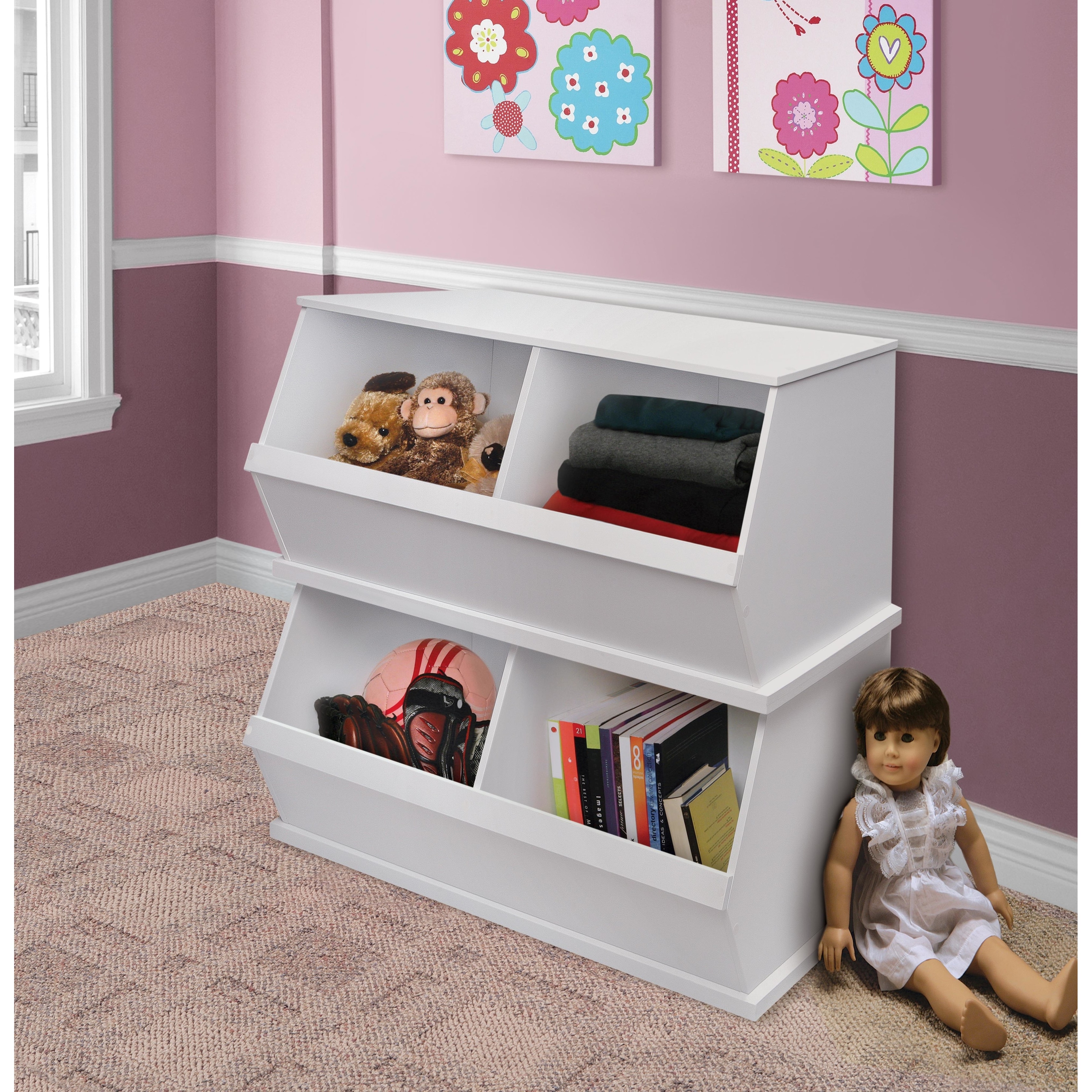 Badger Basket Two Bin Storage Cubby - Stackable Wood Organizer For Toys, Books, Shoes, Blue