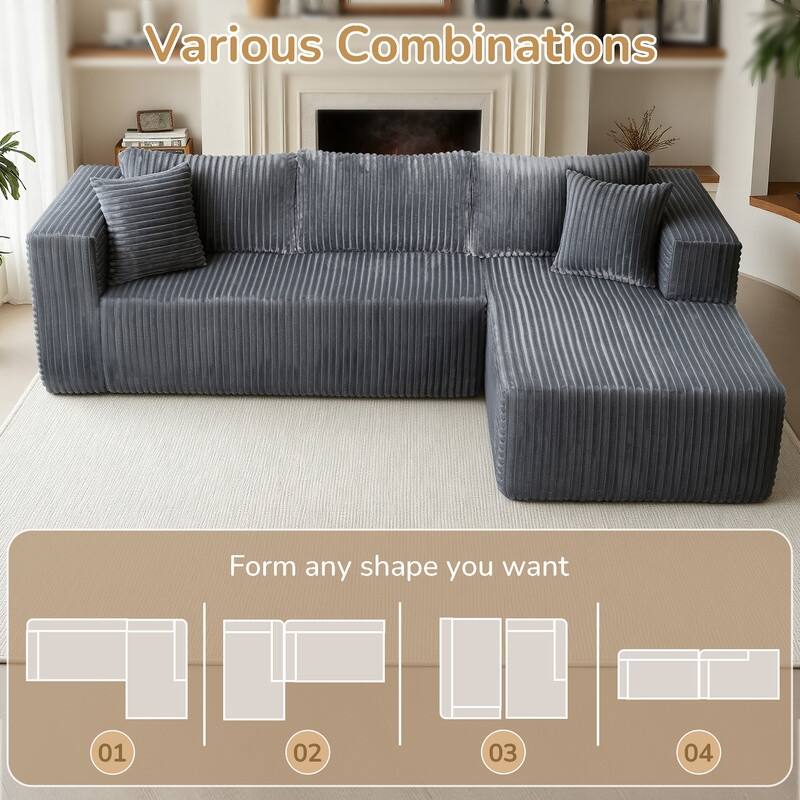 105 in. Wide Square Arm 2-Piece Modern Corduroy Fabric L-Shape Modular Sectional Sofa