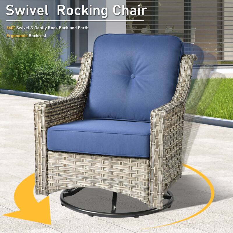 HOOOWOOO 5-piece Rattan Outdoor Furniture Patio Swivel Chair Chat Set with Ottoman