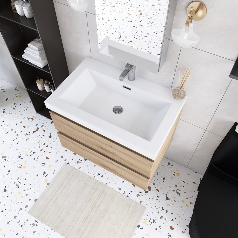 Angela Wall Mounted Bathroom Vanity in F. Oak with White Cultured Marble Top