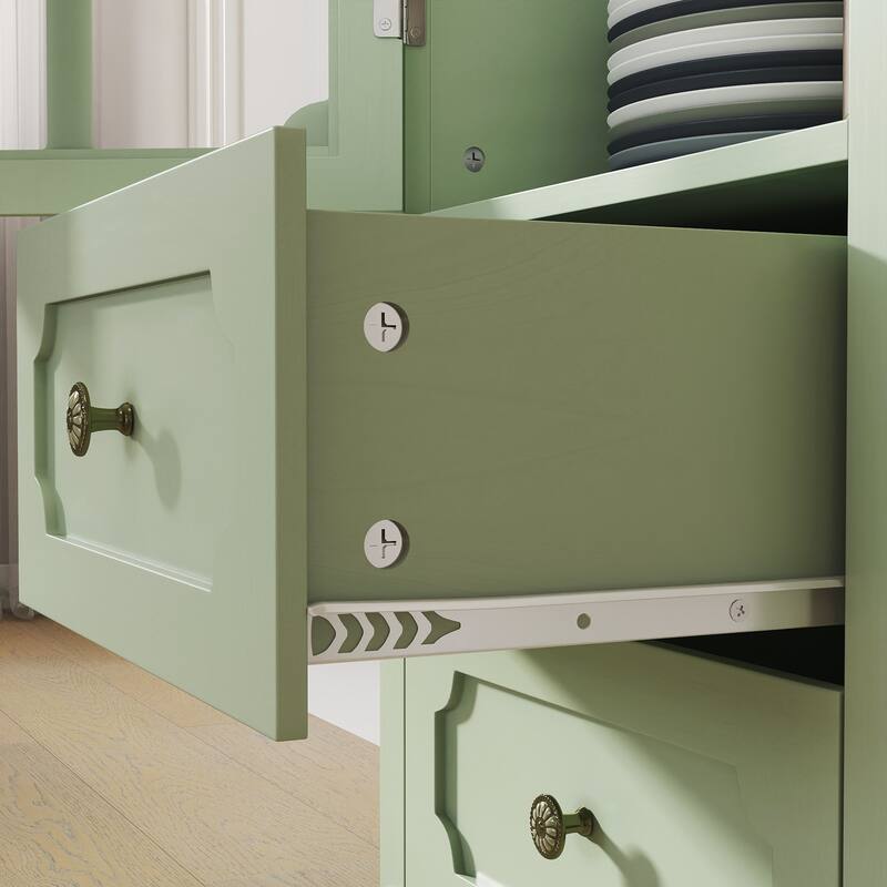 Buffet Cabinet with Glass Doors and Double Drawer, Modern Wooden Storage Sideboard Cupboard for Living room