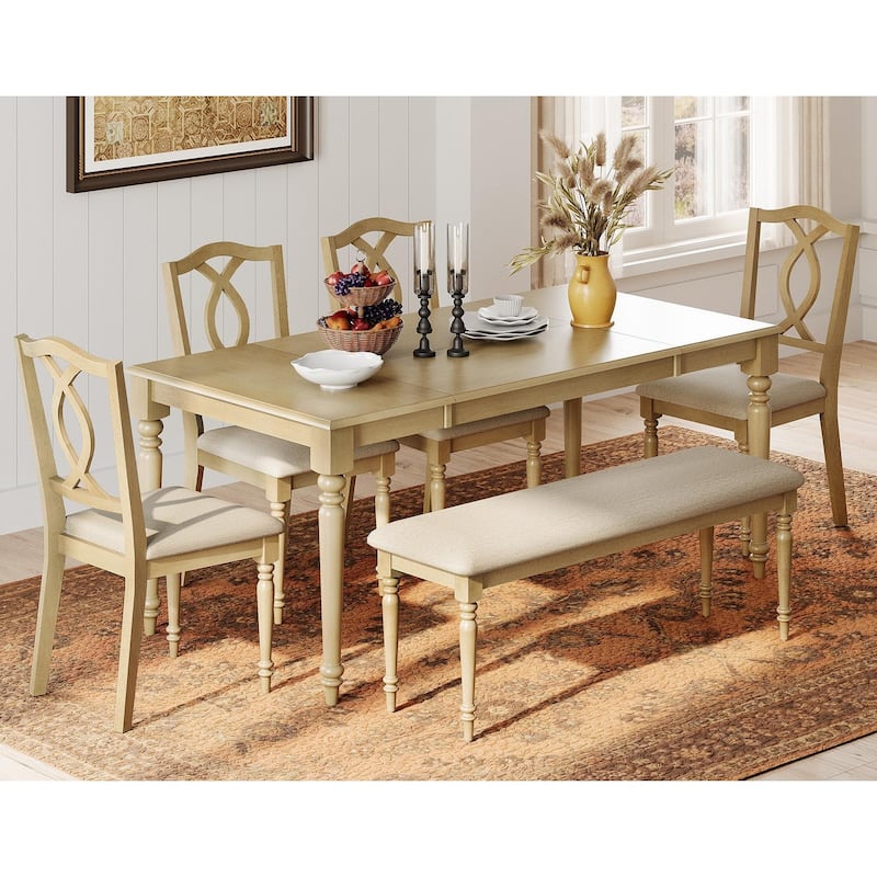 6 Piece Dining Table Set, Table with Bench & 4 Cross-Back Chairs, Oak