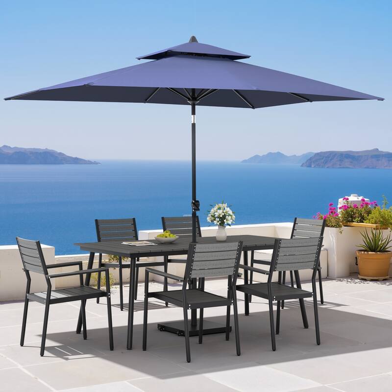 9PC Outdoor Patio Dining Set Wood-Like Aluminum Table with Stackable Armchairs,Double Top Market Umbrella and Wheel Base - GreyTable&GreyChairs&NavyBlueUmbrella