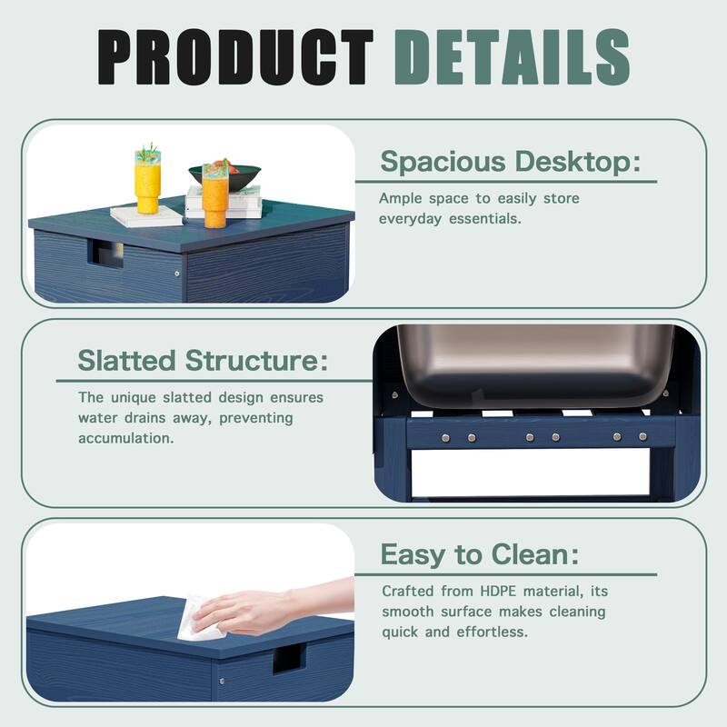 Outdoor Patio Weather Resistant HDPE Coffee & Side Table, Build-in Stainless Steel Cooler Bucket