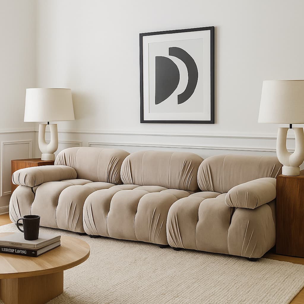 Hito 3 Piece 111 Inch Modular Sofa Set, Tan Brown Bubble Grid Tufting