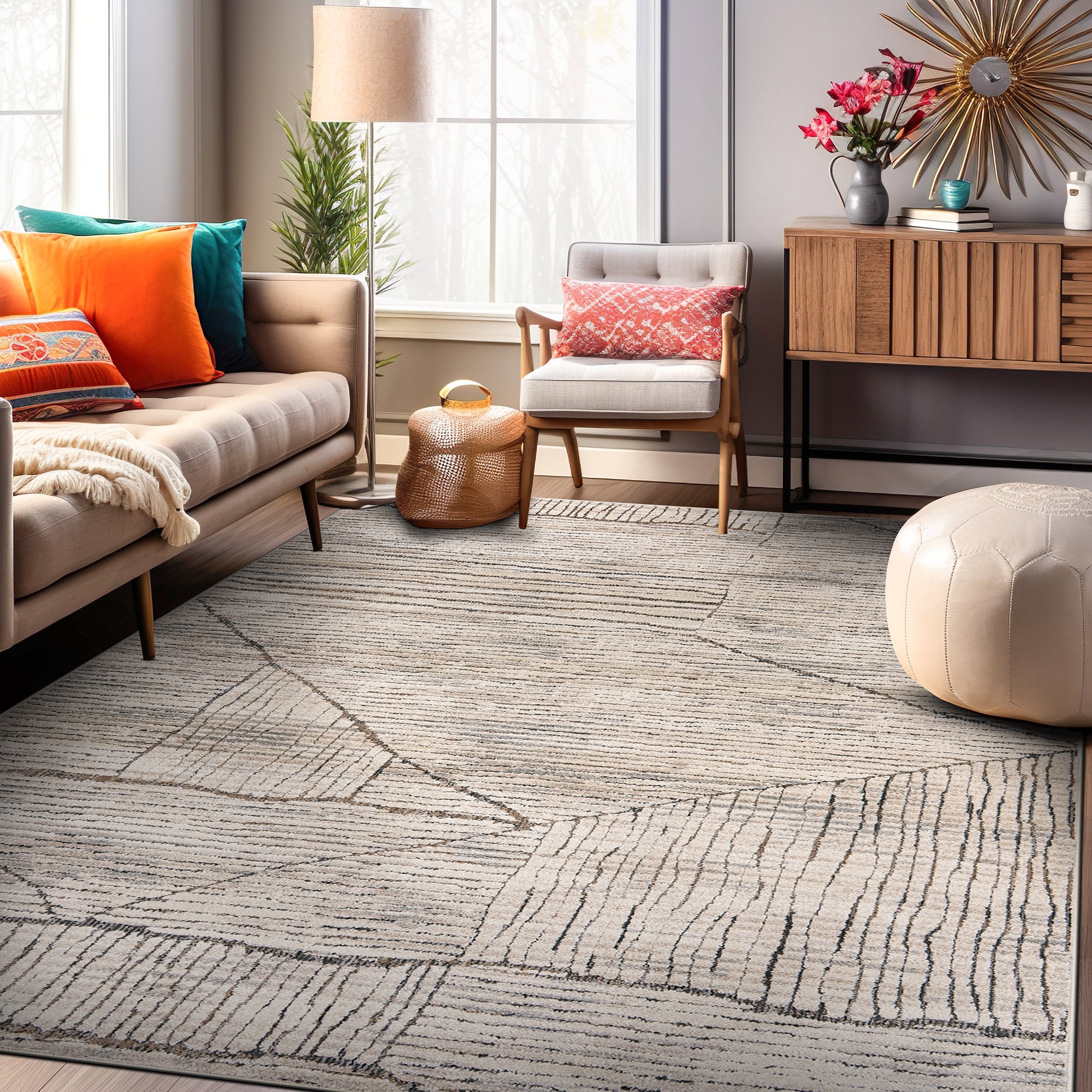 World Rug Gallery Abstract Block Linen Cream Indoor High-Low Area Rug