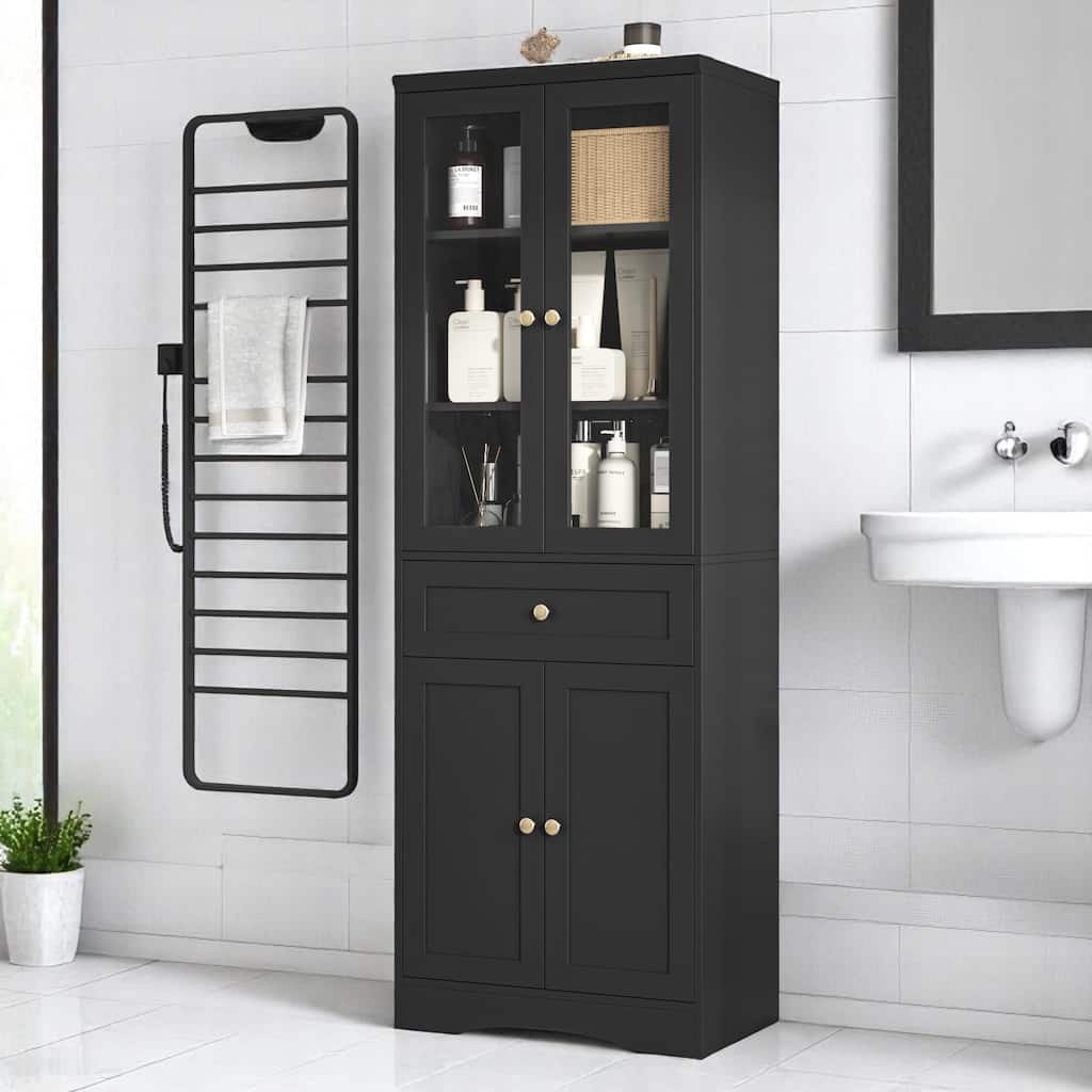 Freestanding Bathroom Cabinet with Glass & Solid Doors, Adjustable Shelf & Drawer, Tall Black MDF Storage Unit