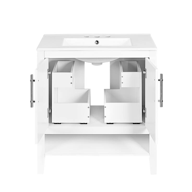 30-inch Freestanding Vanity for Bathroom with Sink, Storage Cabinet with 2 Built-in Drawers, Open Shelf and Silver Handles