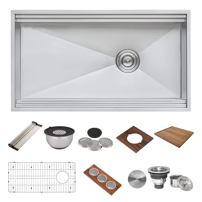 33-inch Workstation Two-Tiered Ledge Kitchen Sink Undermount 16 Gauge Stainless Steel RVH8222