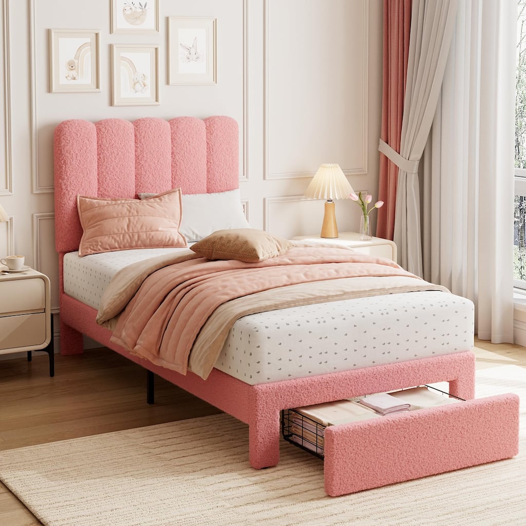 Twin Bed Frame with Under-Bed Drawer, Pink Boucle Upholstered Platform Bed with Wave Headboard for Kids/Girls