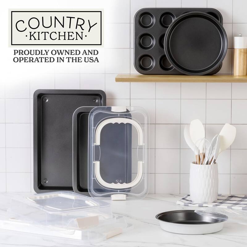 Country Kitchen Baking Pans Set 10 Piece Non-Stick Cake Pans with Carry Lids for Storage & Travel, Perfect for Parties Stackable