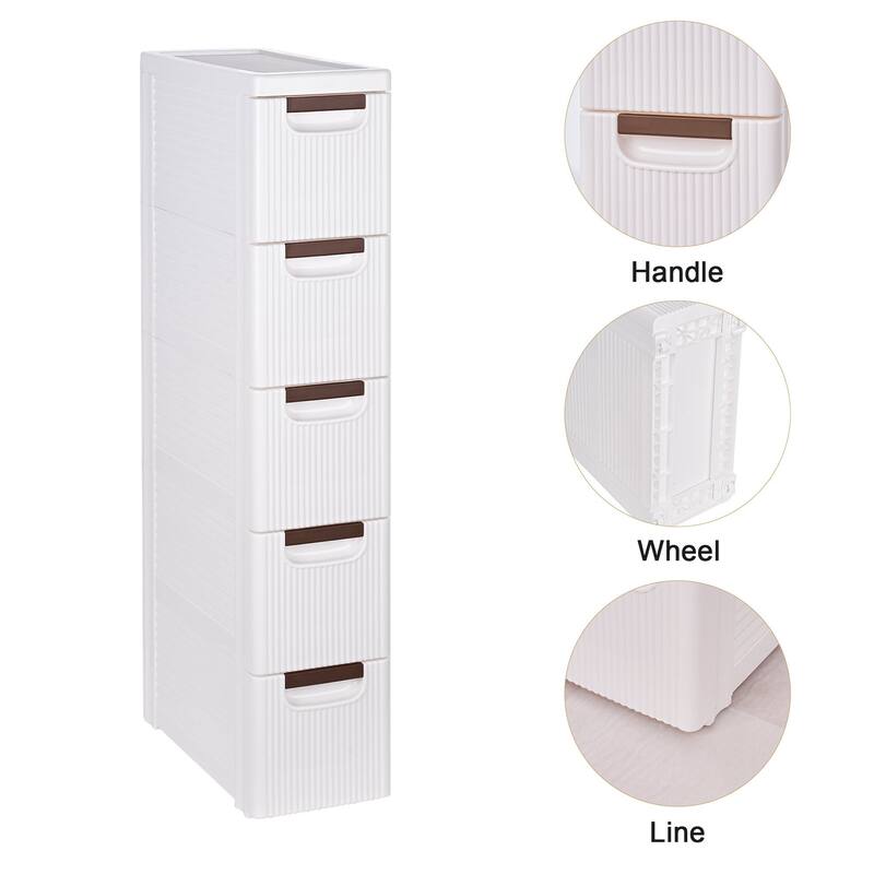 VECELO Slim Rolling Storage Bin 3/4/5-Tier Rolling Storage Cabinet with Drawers for Bedroom Bathroom Kitchen and Living Room - 5-tier - White