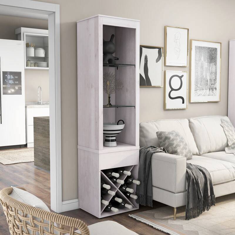 Jessica Farmhouse White Oak LED Light Multi-Storage Curio with Wine Rack by Furniture of America