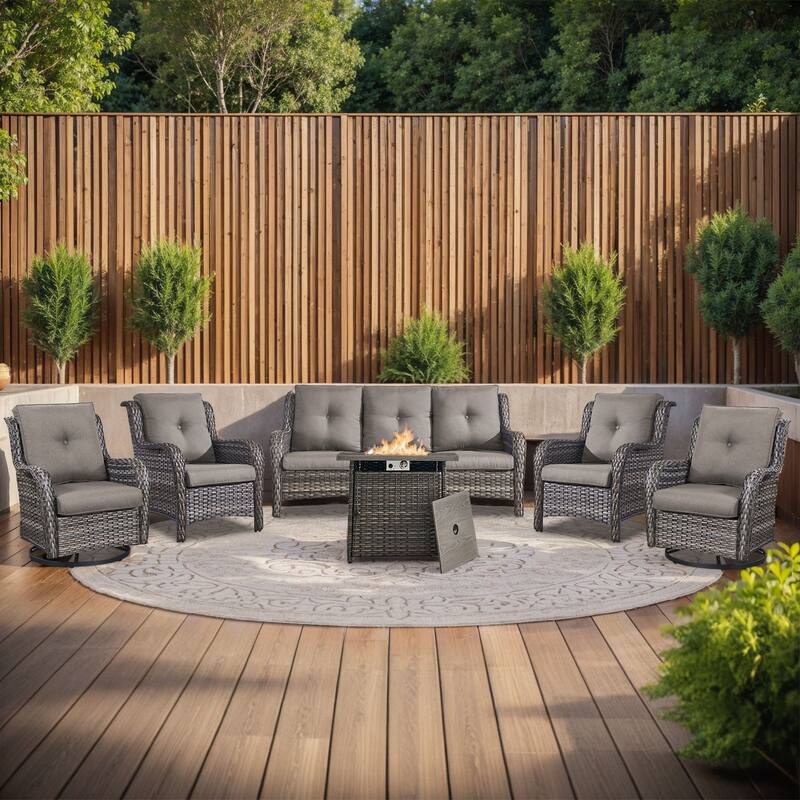 Pocassy Fire Pit Table with Sofa Swivel Chairs Set - Grey Wicker Gray Cushion - 6 Pieces Sofa Chairs with Fire Table