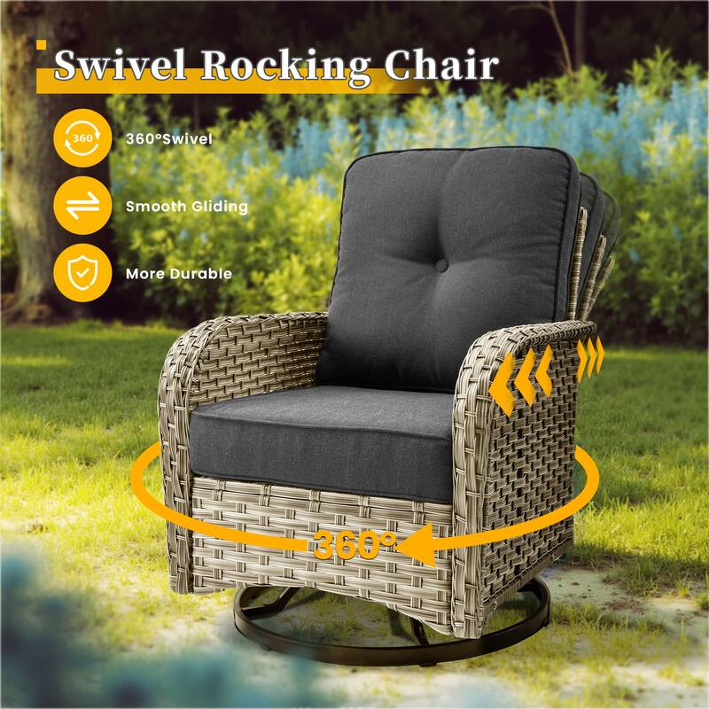 HOOOWOOO 8-piece Patio Wicker Rattan Swivel Rocking Chair Set with Solar-powered Table