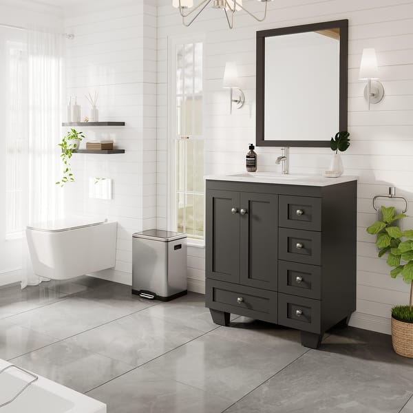 Happy 28 in. W x 18 in. D x 34 in. H Bathroom Vanity in Espresso with White Carrara Marble Top with White Sink