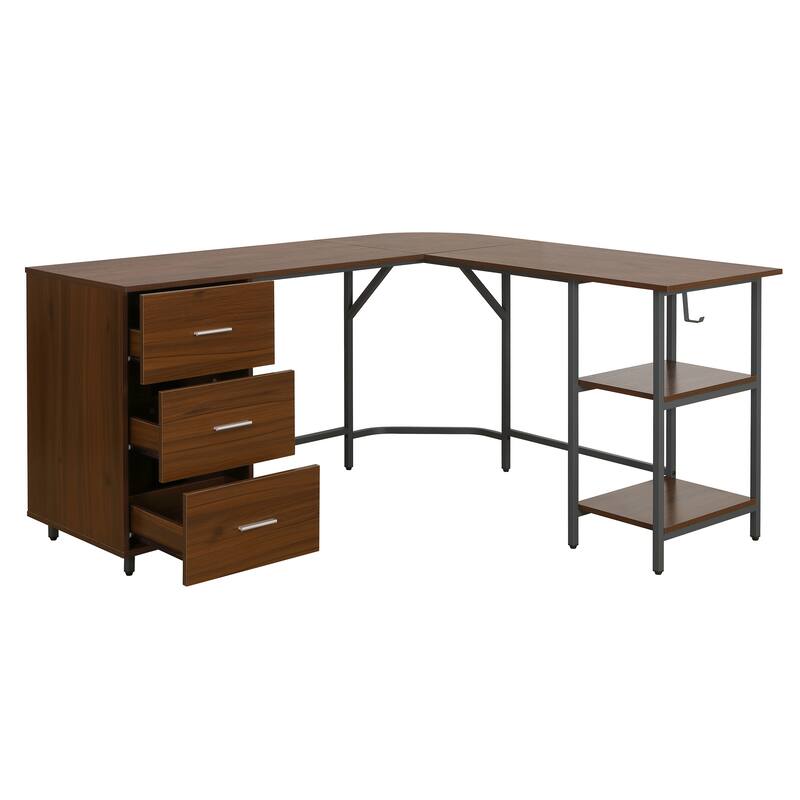L-Shape Home Office Two Tone Desk with Storage, Walnut