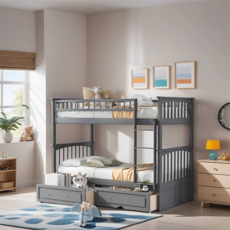 Twin Over Twin Wood Bunk Bed with Drawers and Guardrail