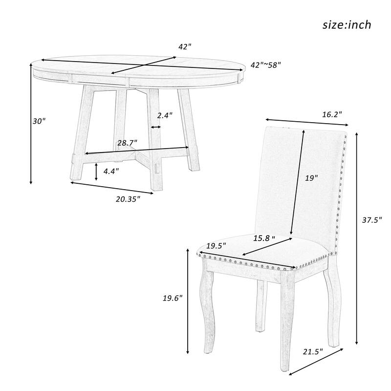 5-Piece Farmhouse Dining Table Set Wood Round Extendable Dining Table and 4 Upholstered Dining Chairs