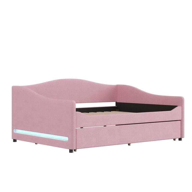 Pink Full Size Upholstered Daybed with Trundle and Light Stripes Design