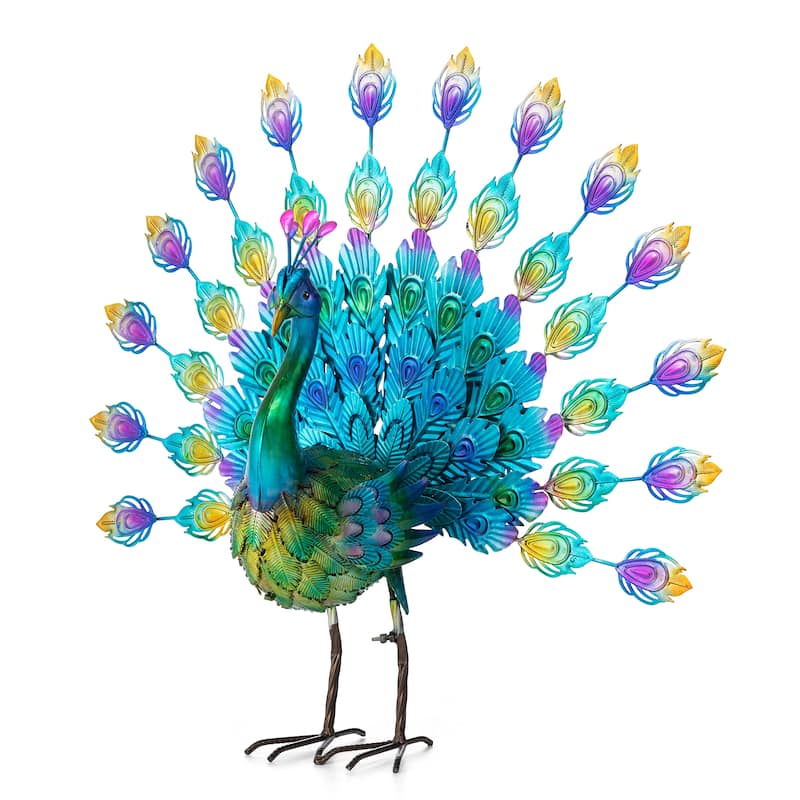 Glitzhome Metal Standing Peacock Garden Statue with Stakes for Indoor Outdoor