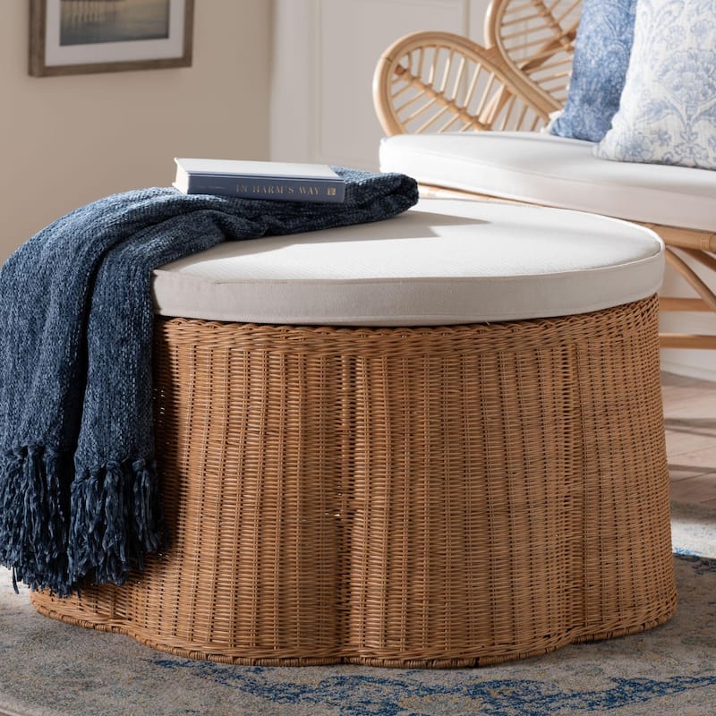 Palm Scallop Natural Rattan Ottoman with Cushion - Handwoven Wicker Stool or Footrest for Living Room or Bedroom, Coastal Boho