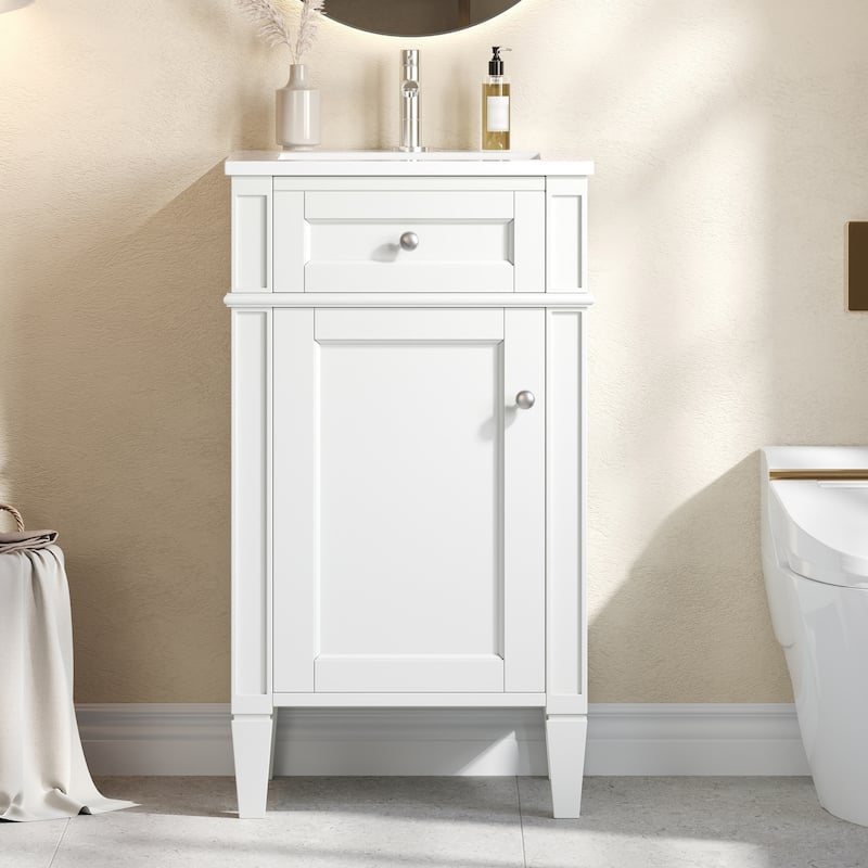 18" Freestanding Single Bathroom Vanity with Ceramic Sink, French Style Cabinet with Soft Close Door