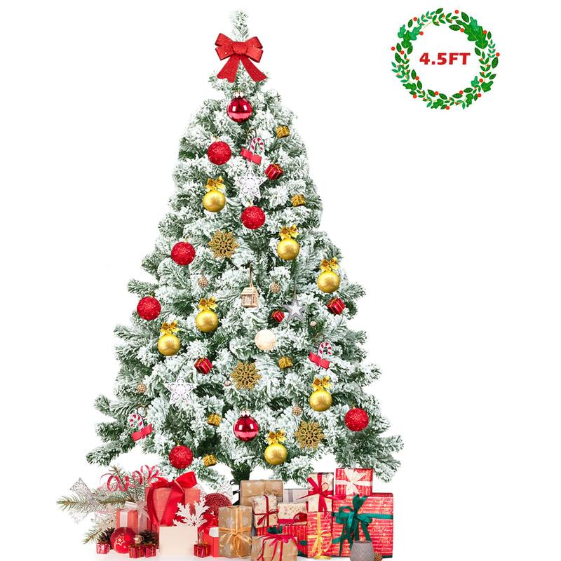 Gymax 4.5ft Snow Flocked Christmas Tree Hinged Artificial Pine Tree w/ - See Details