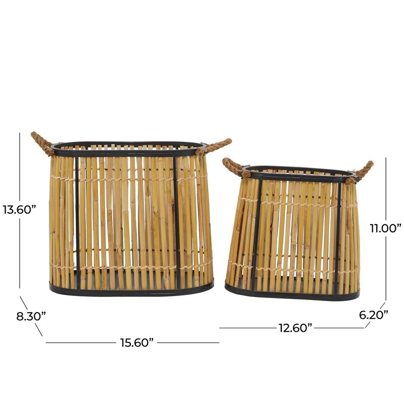 Wicker Wood Handmade Slatted Frame Storage Basket with Handles - Set of 2 Brown - Roche River Decor - 8"W x 16"L x 14"H
