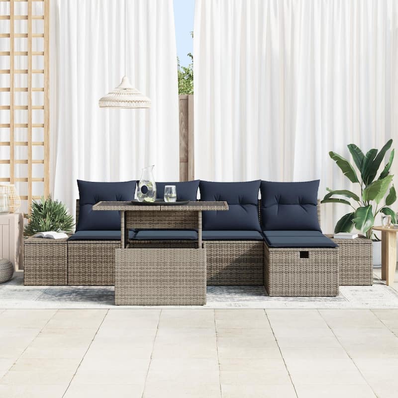 vidaXL 6 Garden Sofa Set with Cushions Black/Brown/Grey Poly Rattan - 115.8 x 46.1 x 27.2