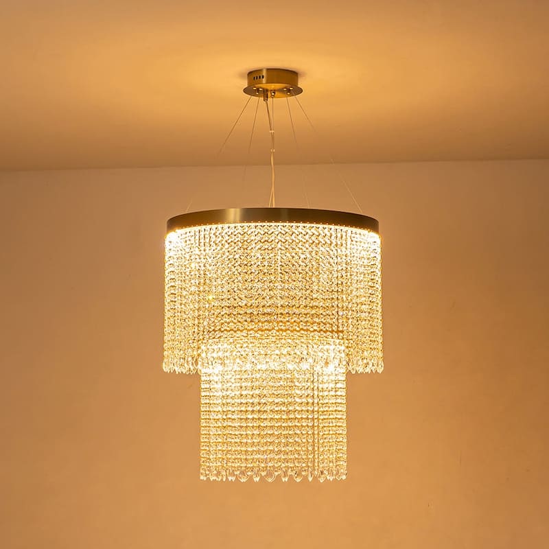 2-Tier Dimmable LED Crystal Tassel Circular Chandelier - Brass 23"