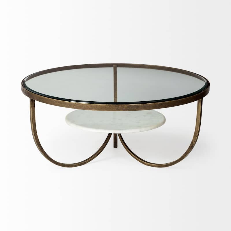 Reinhardt Glass Top w/White Marble Shelf & Gold Metal Base 36" Round Coffee Table - 36"L x 36"W x 16"H