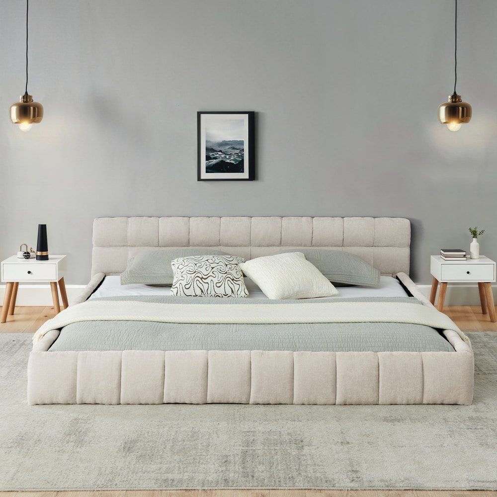 California King Upholstered Bed, Chenille Fabric, Solid Frame with Headboard, No Box Spring Needed (90.5"x80.5")