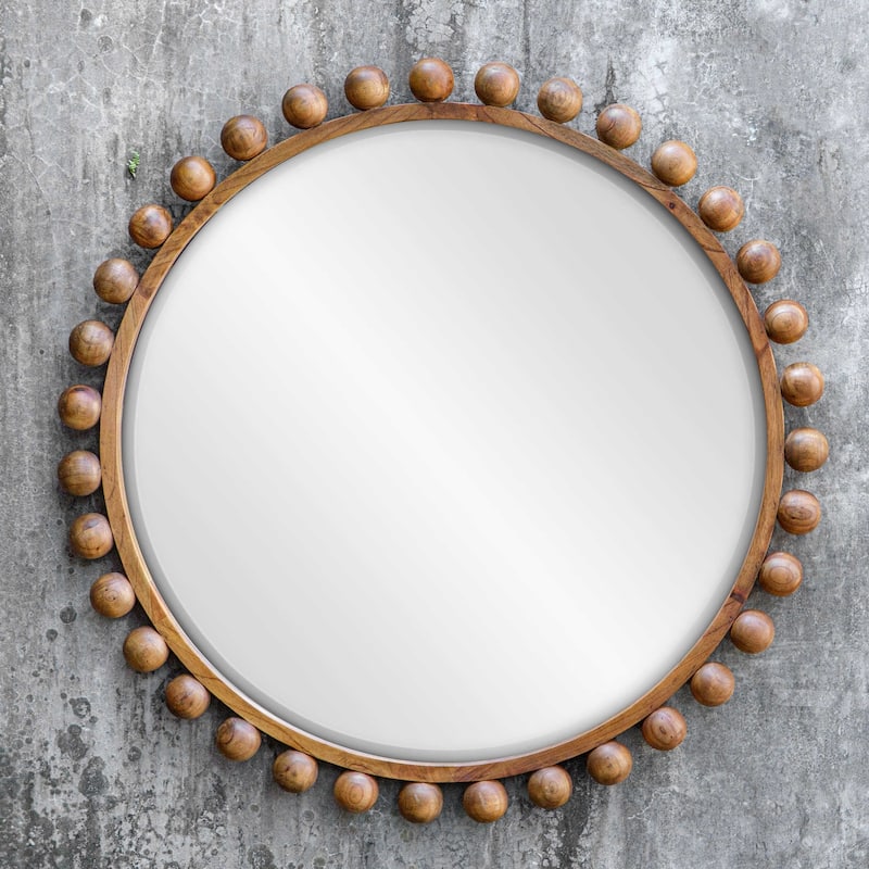 Wooden Beaded Framed Round Wall Mirror - 44" - Brown