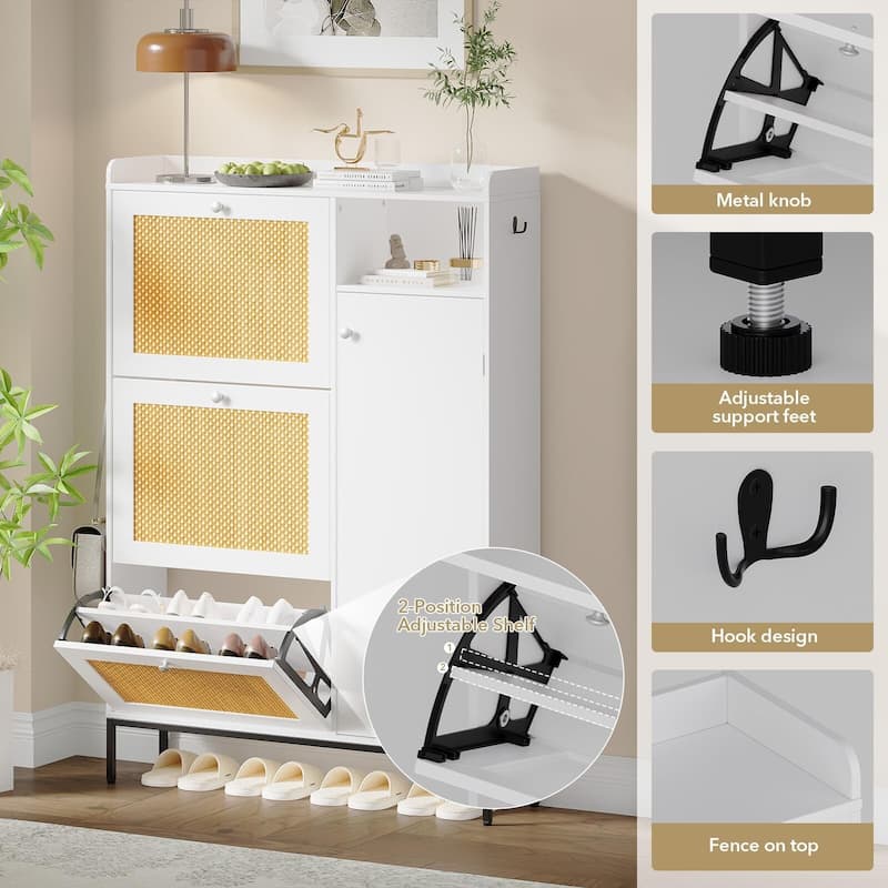 3-Tier Shoe Storage Cabinet with Rattan Doors and Adjustable Compartments