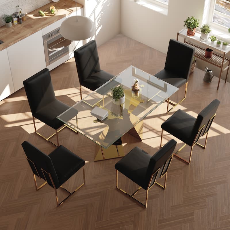 Luxury Gold Dining Table Set with 63 inch Glass Dining Table and White Leather Dining Chairs