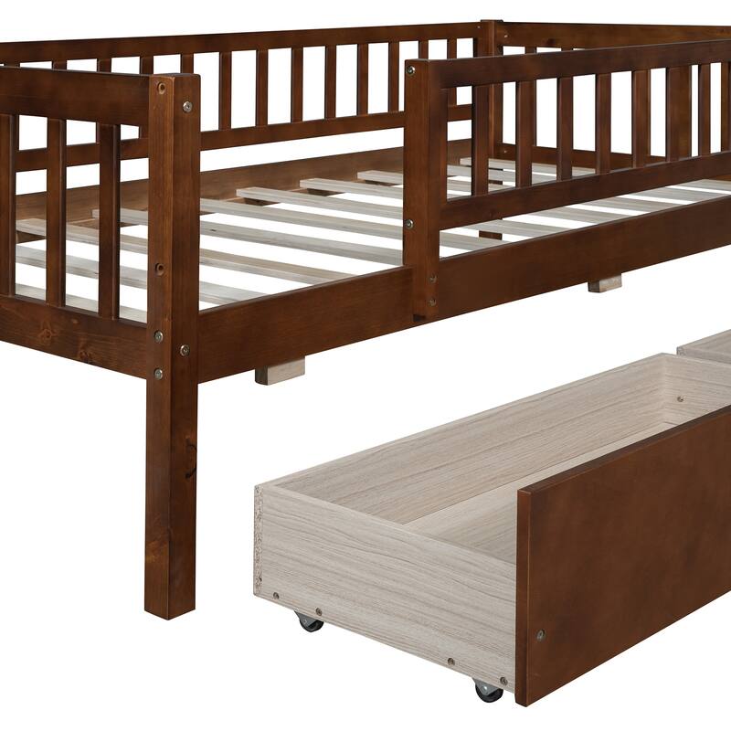 Twin Size Wooden Daybed with 2 Drawers, Multi-Functional Sofa Bed in Walnut Finish