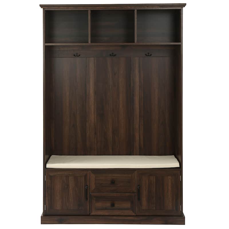 47.2" Hall Tree with 3 Hooks, Open Shelves, Wood Entryway Bench with Shoe Cabinet, Mudroom Coat Rack Cabinet