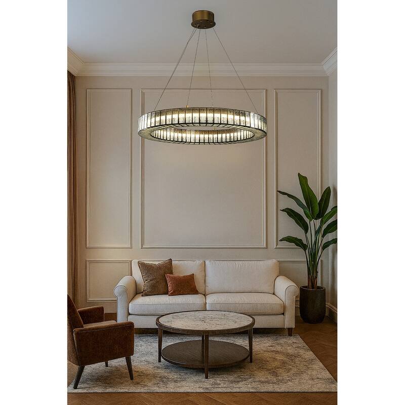 34'' Modern Halo Round Textured Glass Integrated Led Chandelier Brass Empire Led Ceiling Light For Dining Room Living Room