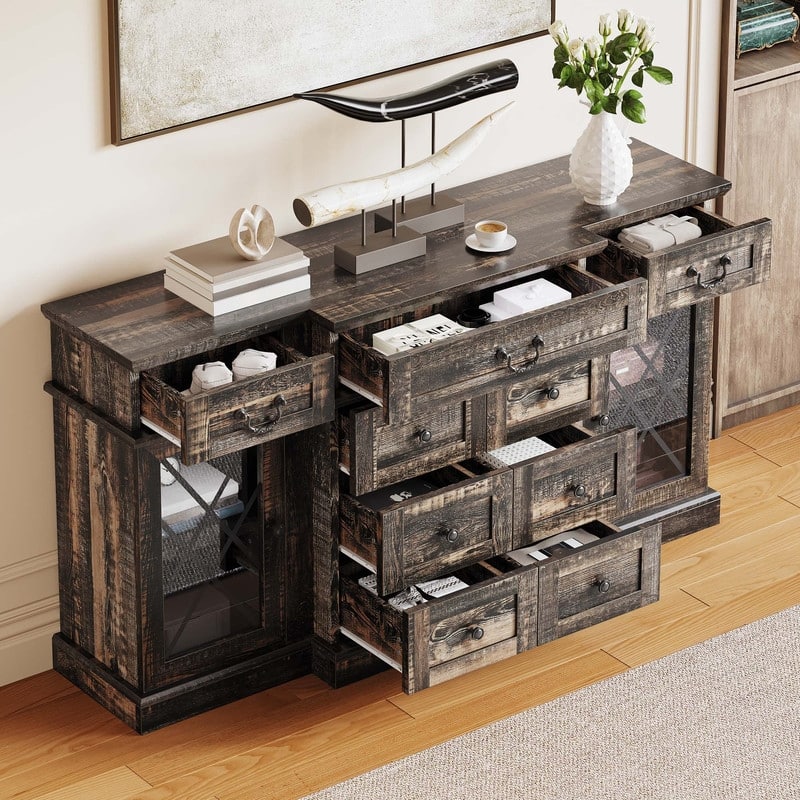 Moasis 59" Farmhouse Coffee Bar Cabinet Buffet Cabinet Sideboard Cabinet With 9 Drawers & Adjustable Shelving