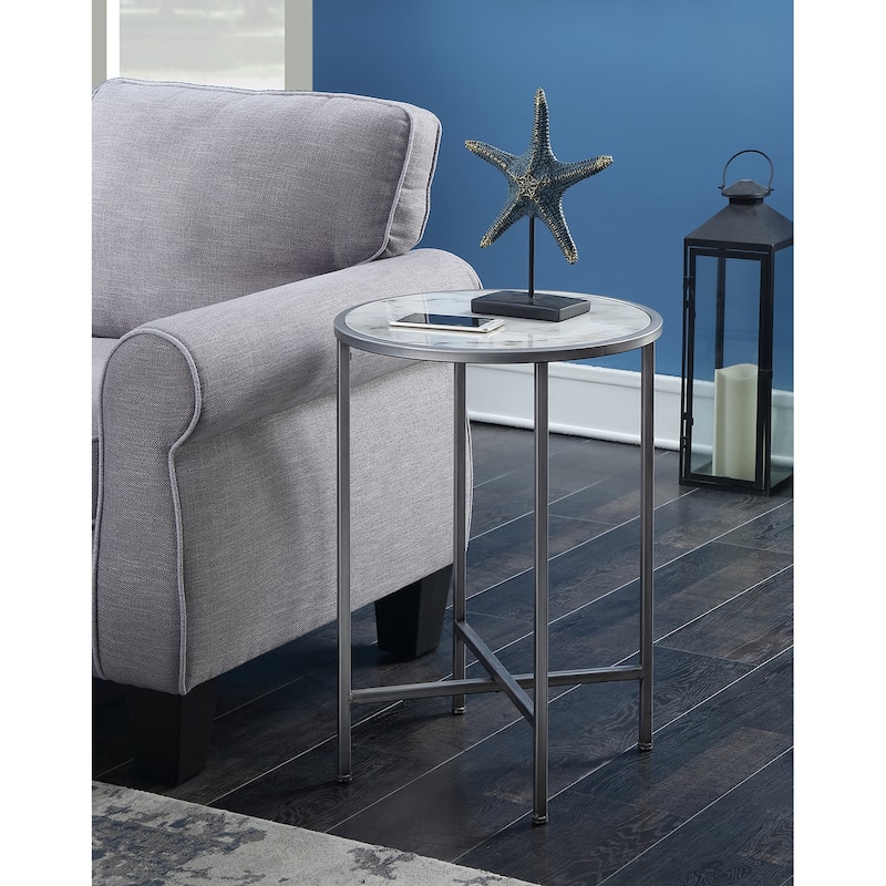Convenience Concepts Gold Coast Faux Marble Round End Table - White Faux Marble/Silver