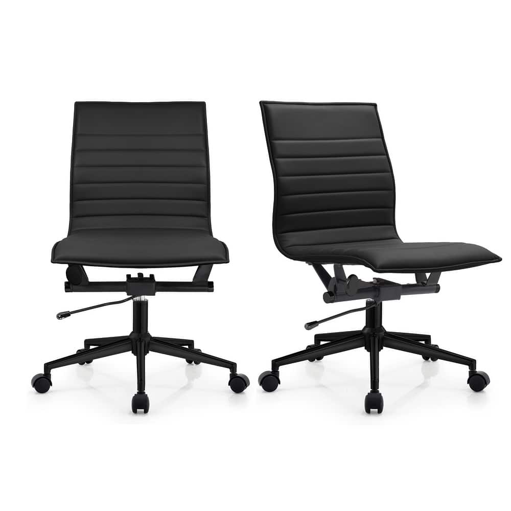 Set of 2 Modern Office Chairs | Upholstered PU Leather Ribbed Armless Mid Back with Metal Frame | Adjustable Height, Tilt